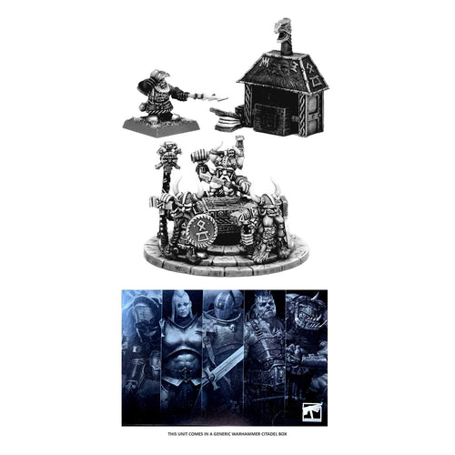 This multipart metal kit builds one Anvil of Doom with three crew, an attendant, and a forge for use in Dwarfen Mountain Holds armies in Warhammer: The Old World.